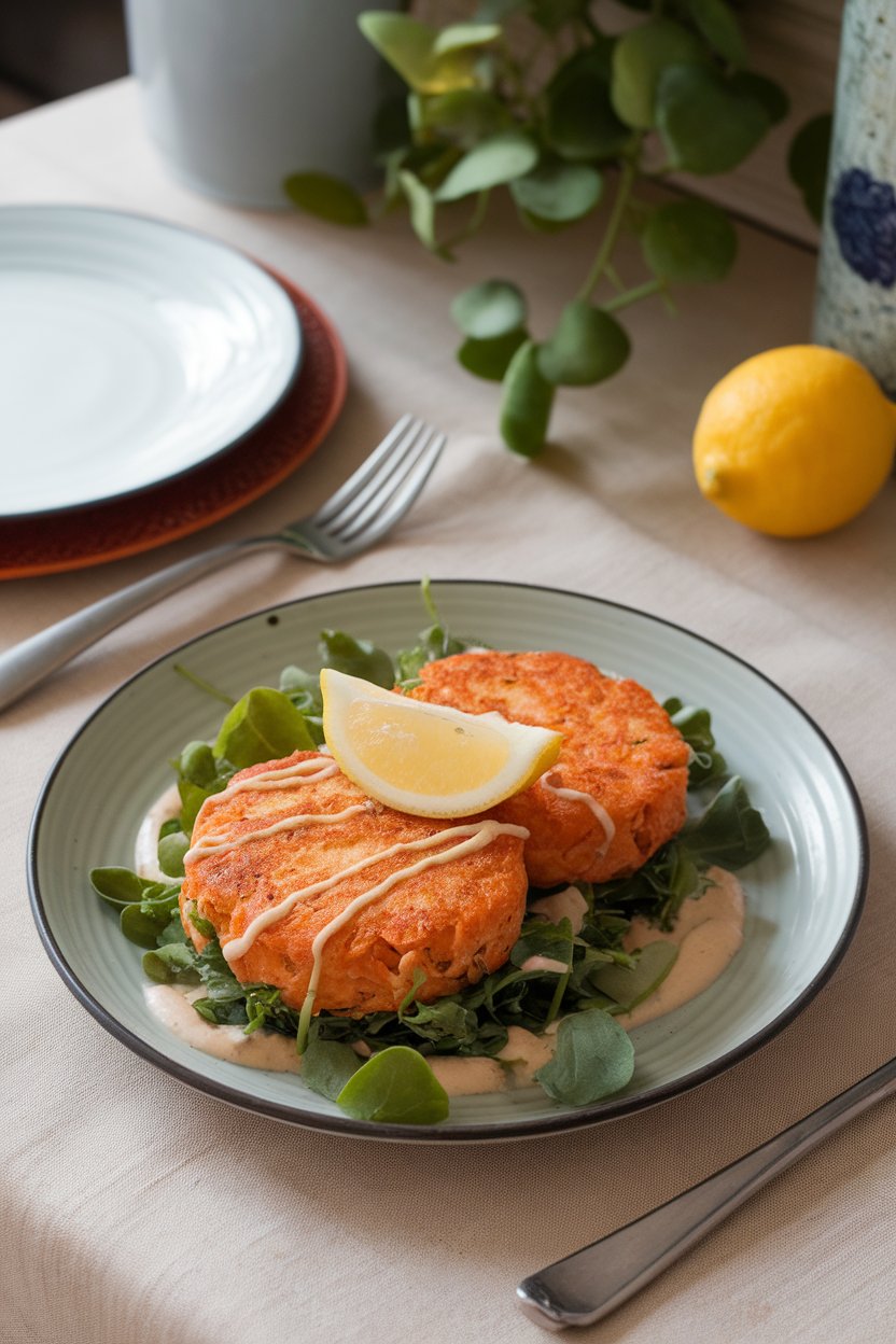 A plate on an indoor table with two golden fishcakes made from cooked salmon and sweet potato, garnished with a lemon wedge. No text or logos. Photo.