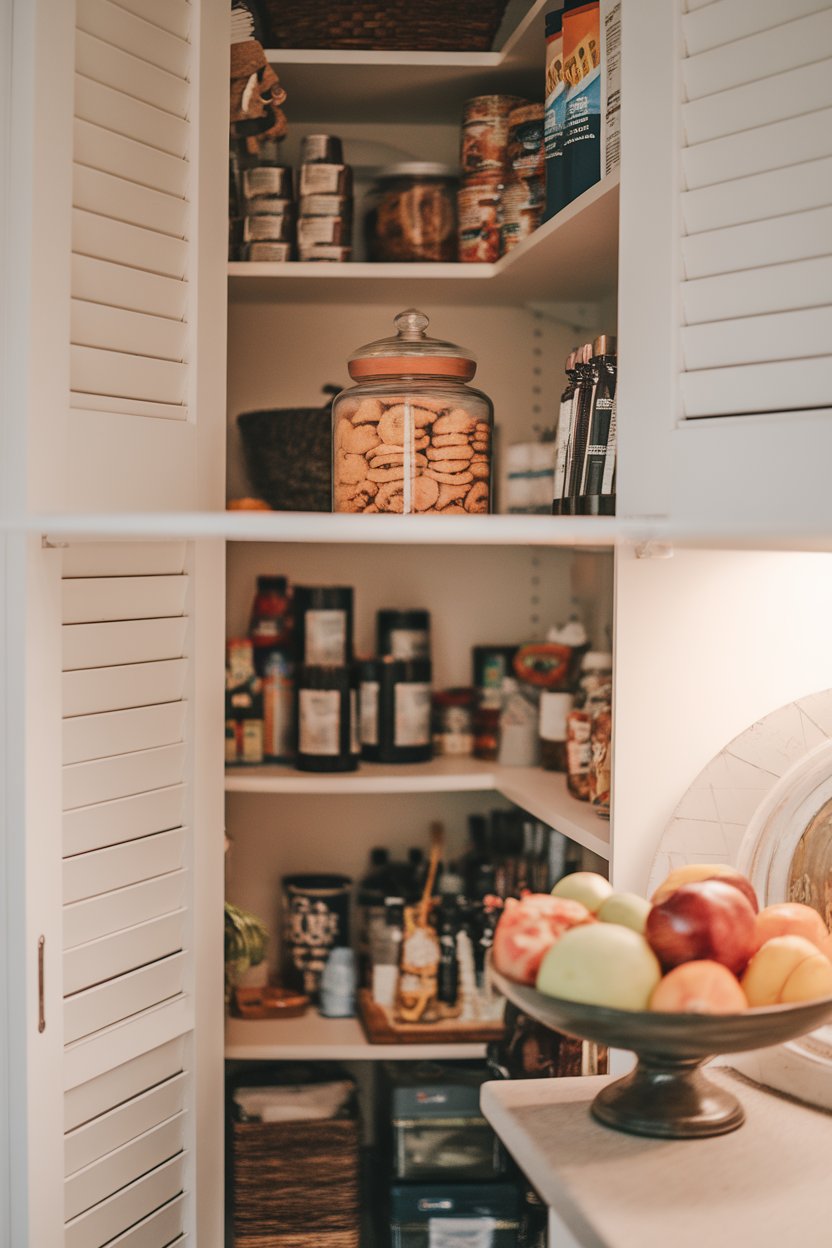 Indoor image of a cookie jar placed on the top shelf of a closed pantry, harder to reach than fruit displayed on a counter bowl. Warm light, no text or logos.