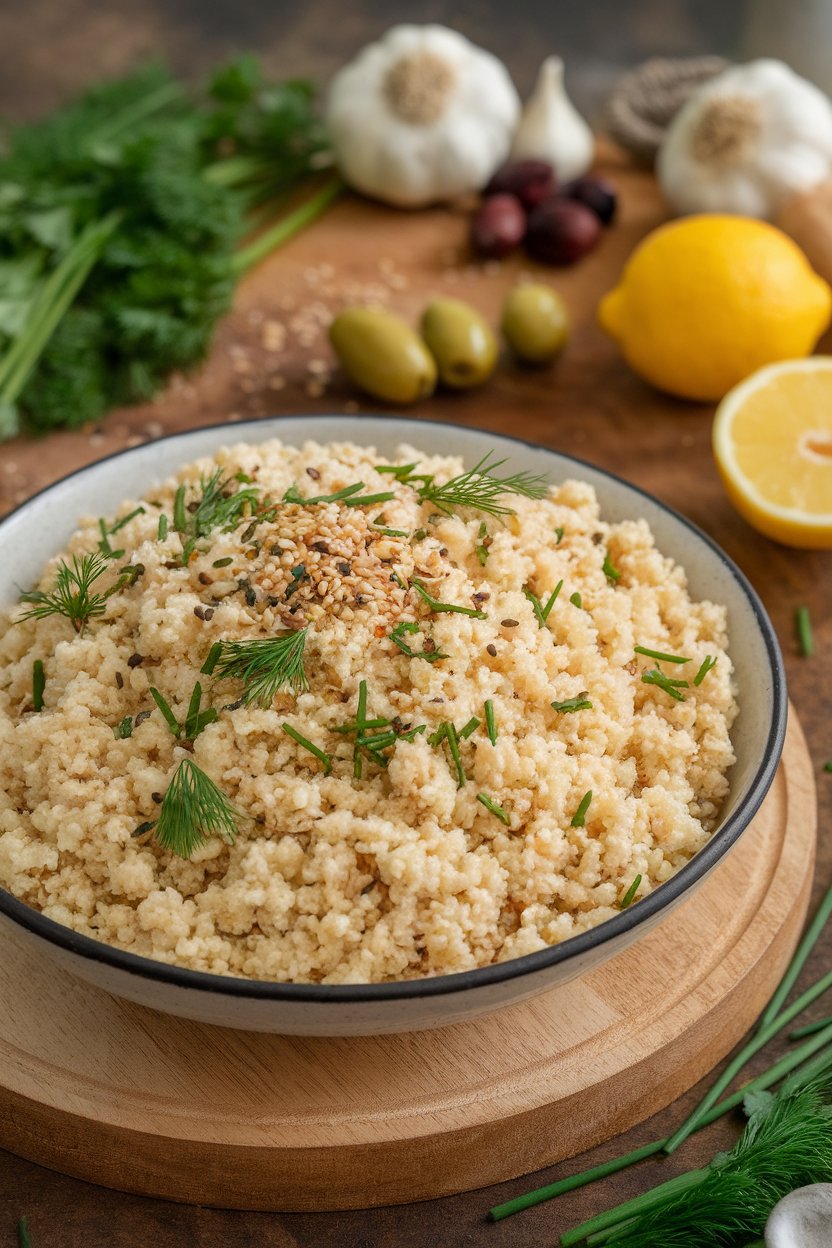 Indoor photo of fluffy whole-wheat couscous dotted with chopped parsley, dill, and chives in a serving bowl. No text or logos; photo.
