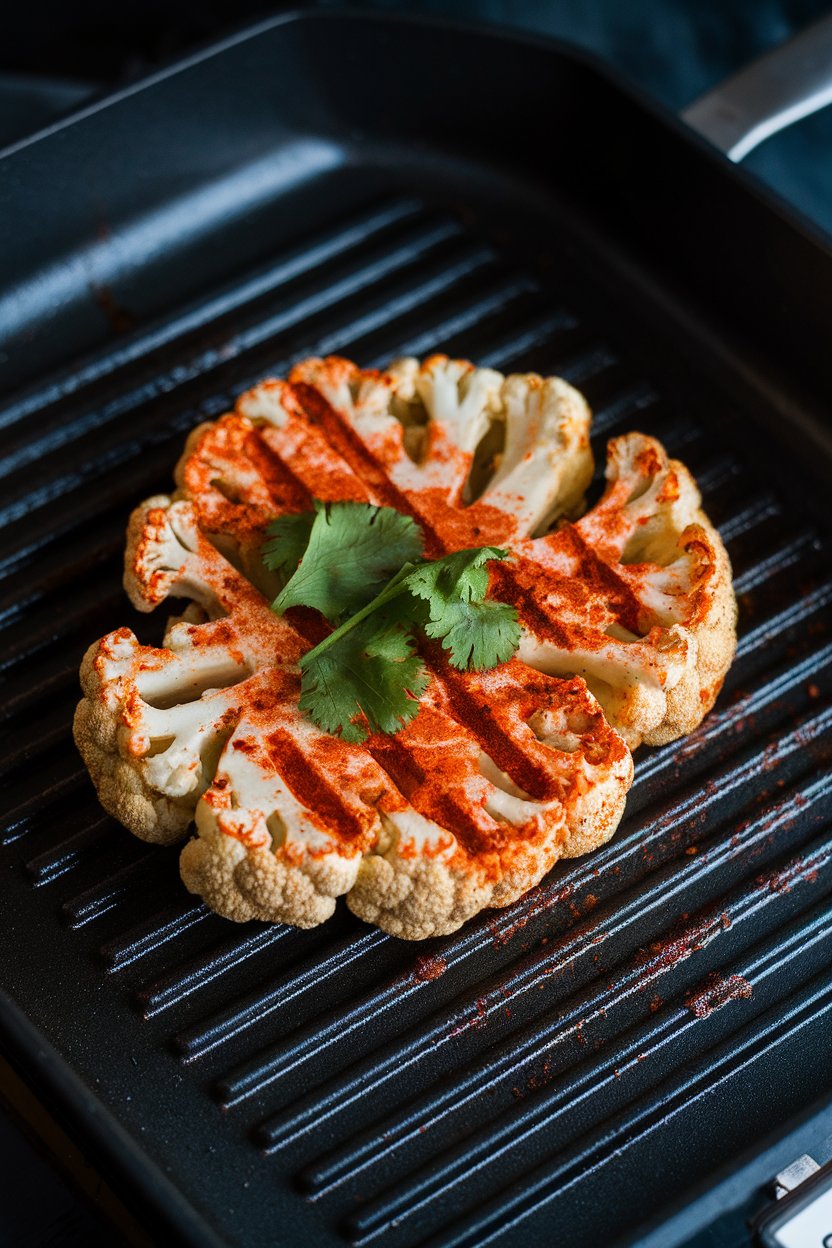 Indoor grill pan scene showing thick cauliflower steaks coated in red tandoori spices, garnished with cilantro. No logos or text.