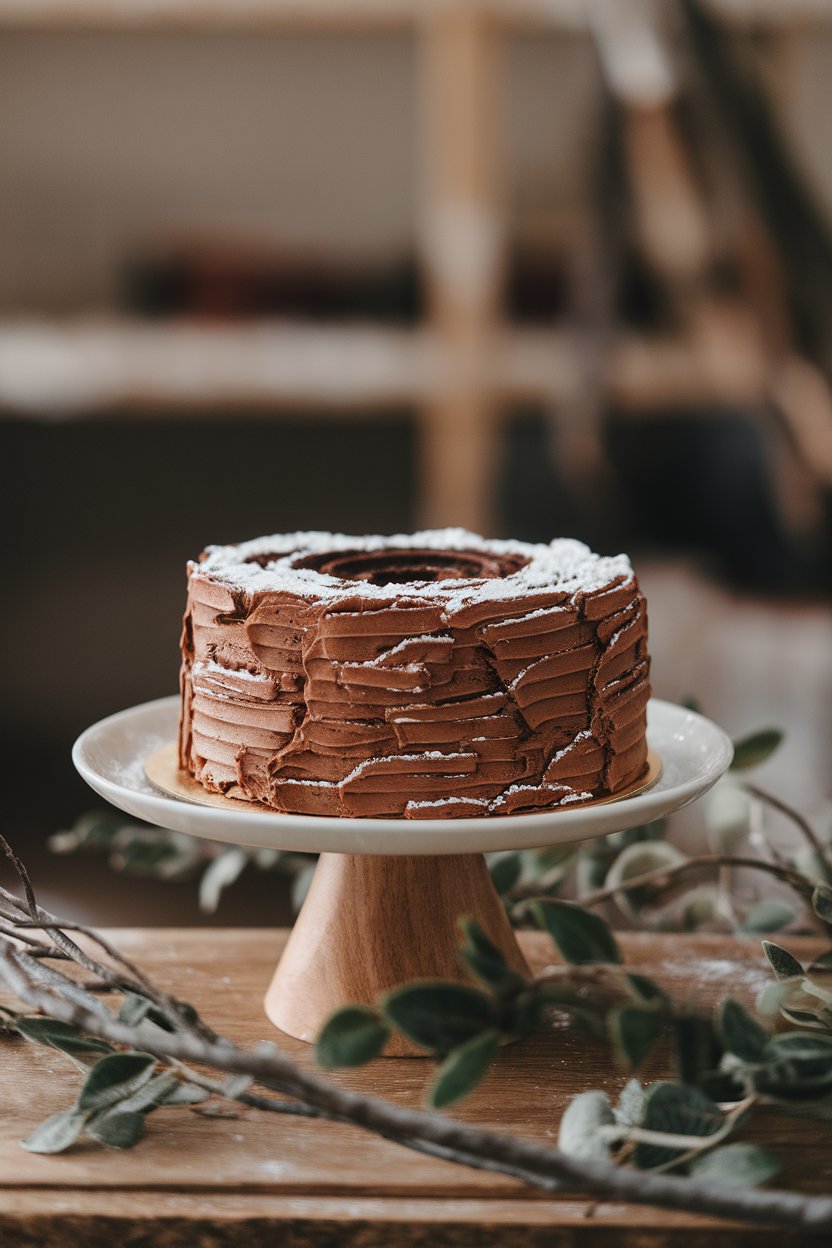 Indoor cake stand holding a rolled chocolate sponge cake frosted to look like bark, dusted with powdered sugar “snow.” No text or logos. Photo only.