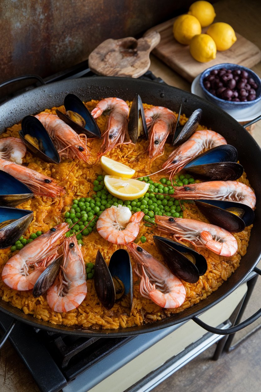 Indoor paella pan on a stove containing cooked shrimp, mussels, peas, and saffron-hued brown rice. Photo, no text or logos.