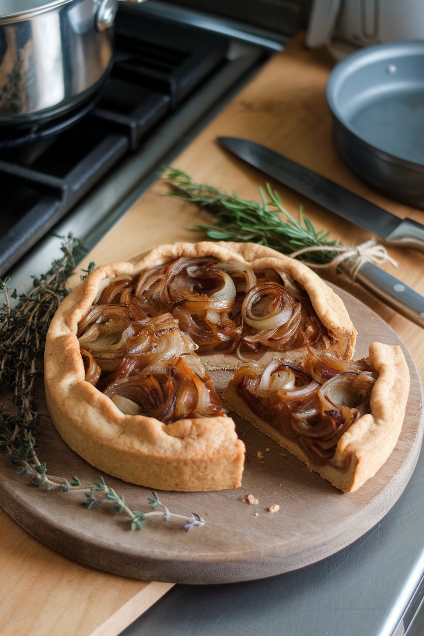 A rustic indoor kitchen scene with a round tart sliced open, showing caramelized onion filling inside a golden spelt crust. Photo, no text or logos.