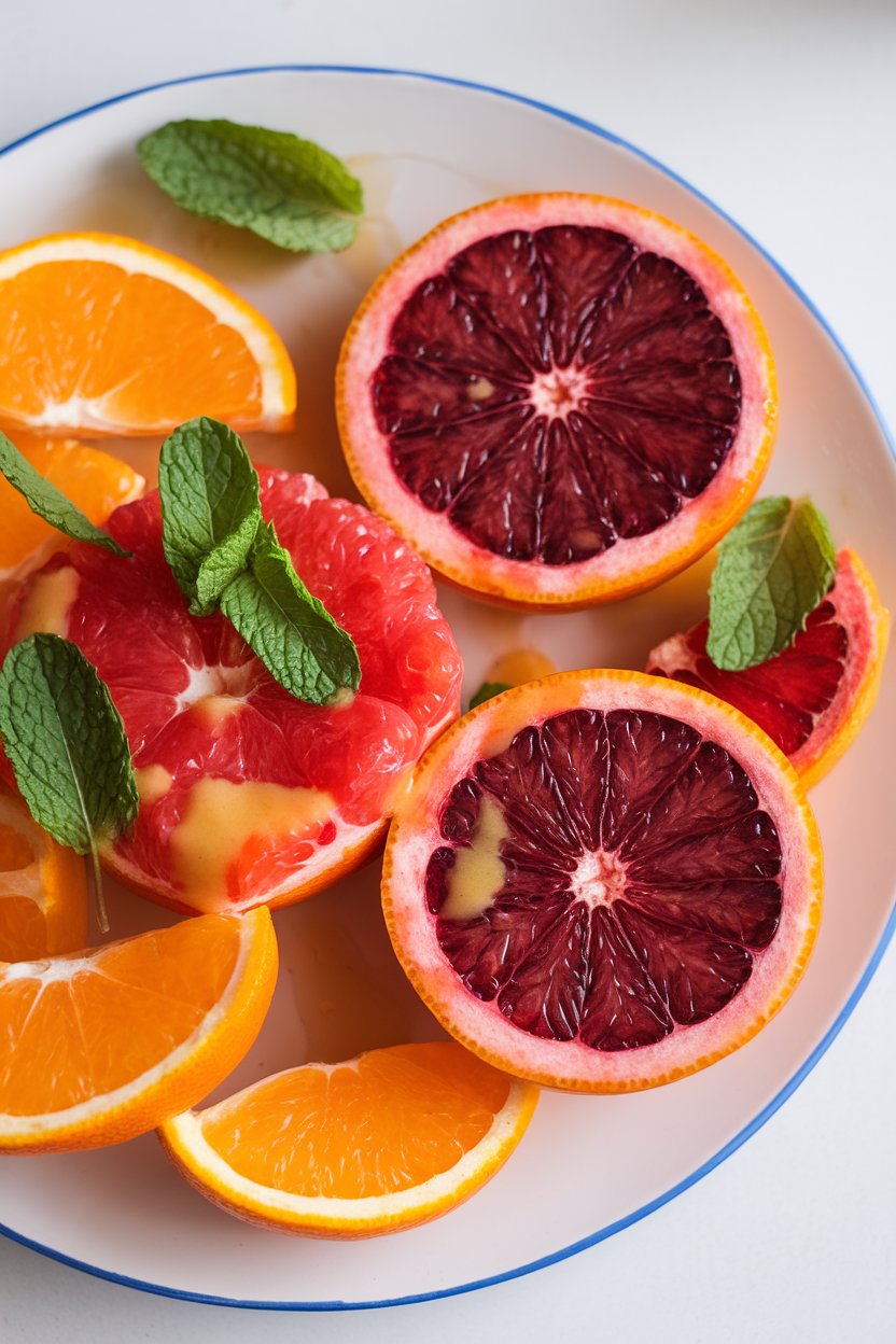 An indoor plate with vibrant citrus segments—orange, grapefruit, blood orange—drizzled with dressing and mint leaves, no text or logos. Photo.