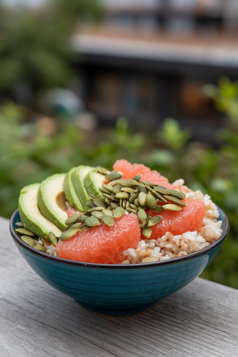 An indoor bowl filled with brown rice, grapefruit segments, avocado slices, and toasted pumpkin seeds. No text or logos present. Photo only.