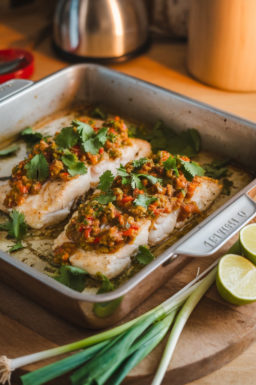 Photo of a baking dish with cooked tilapia fillets covered in salsa verde and cilantro, shot indoors with warm lighting. Fish is fully cooked; no text or logos present.