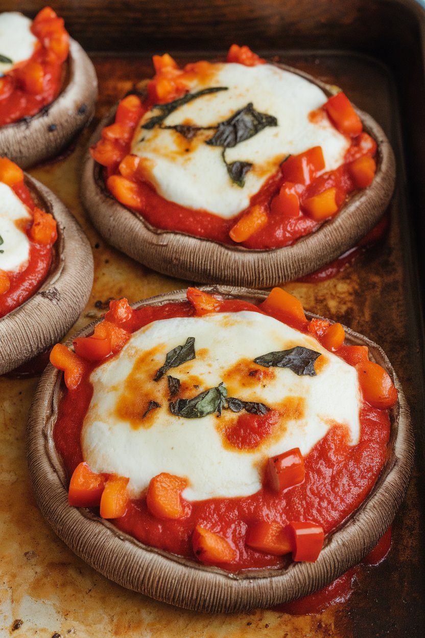 Photo of an indoor oven tray showcasing large portobello caps topped with marinara, mozzarella, and diced bell peppers; cheese melted; no text or logos