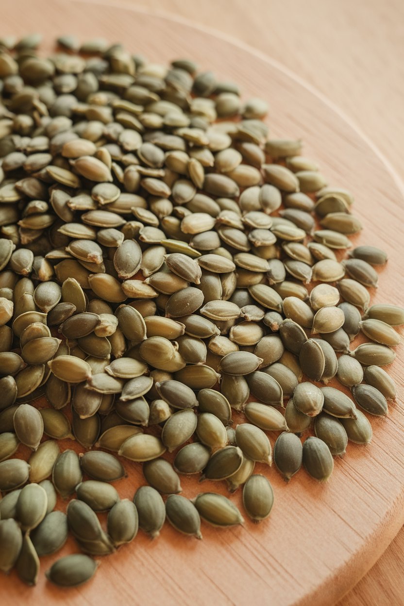Photo of green pumpkin seeds sprinkled over a wooden board indoors, gentle diffuse light, no text or logos
