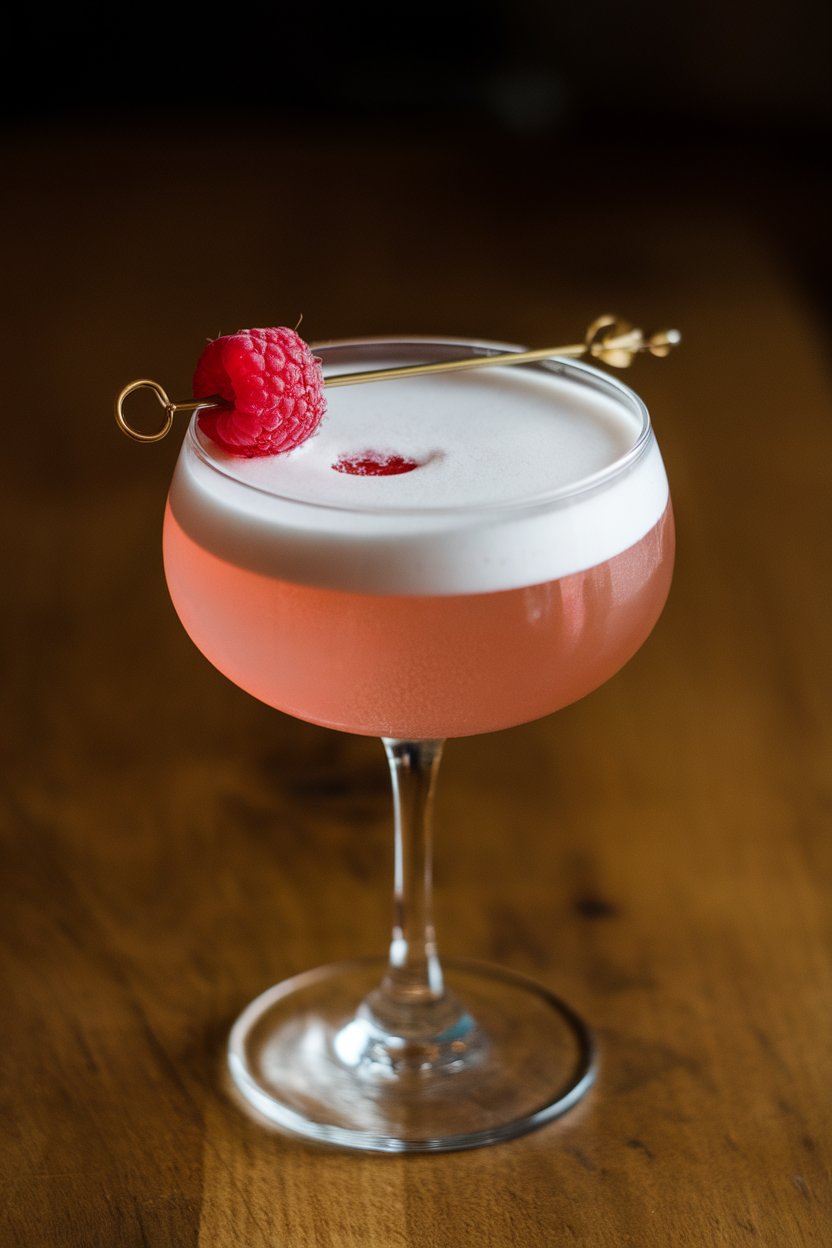 Indoor coupe glass of blush pink Clover Club, raspberry on cocktail pick resting over foam. No text or logos.