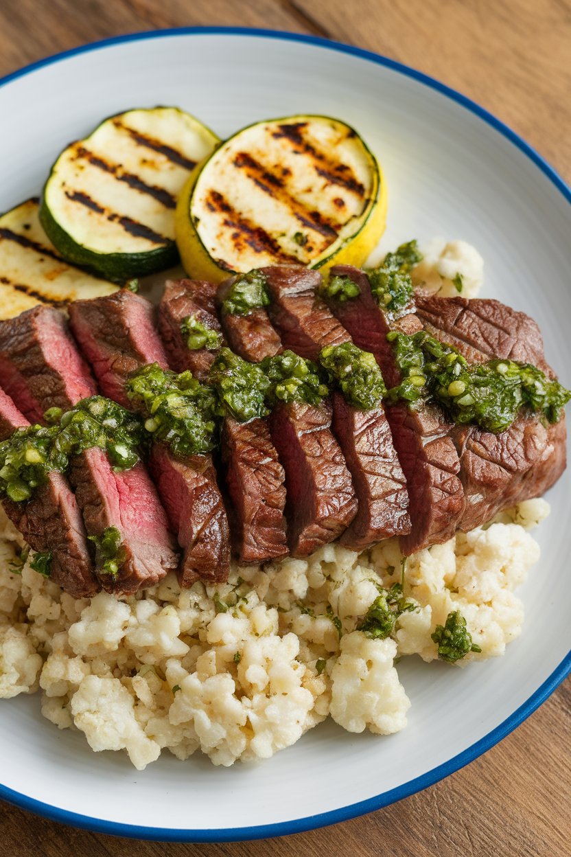 Indoor shot of sliced grilled steak drizzled with chimichurri over cauliflower rice with grilled zucchini. No text or logos.