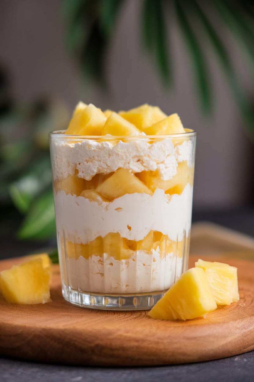 Indoor dessert glass layered with cottage cheese and juicy pineapple chunks. No text or logos; photo.