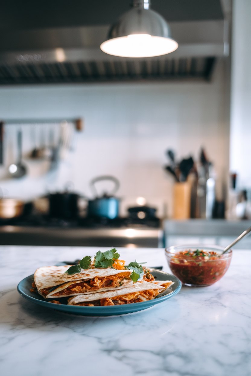 Indoor trendy kitchen, shredded jackfruit quesadilla wedges with cilantro garnish, photo, no text or logos.