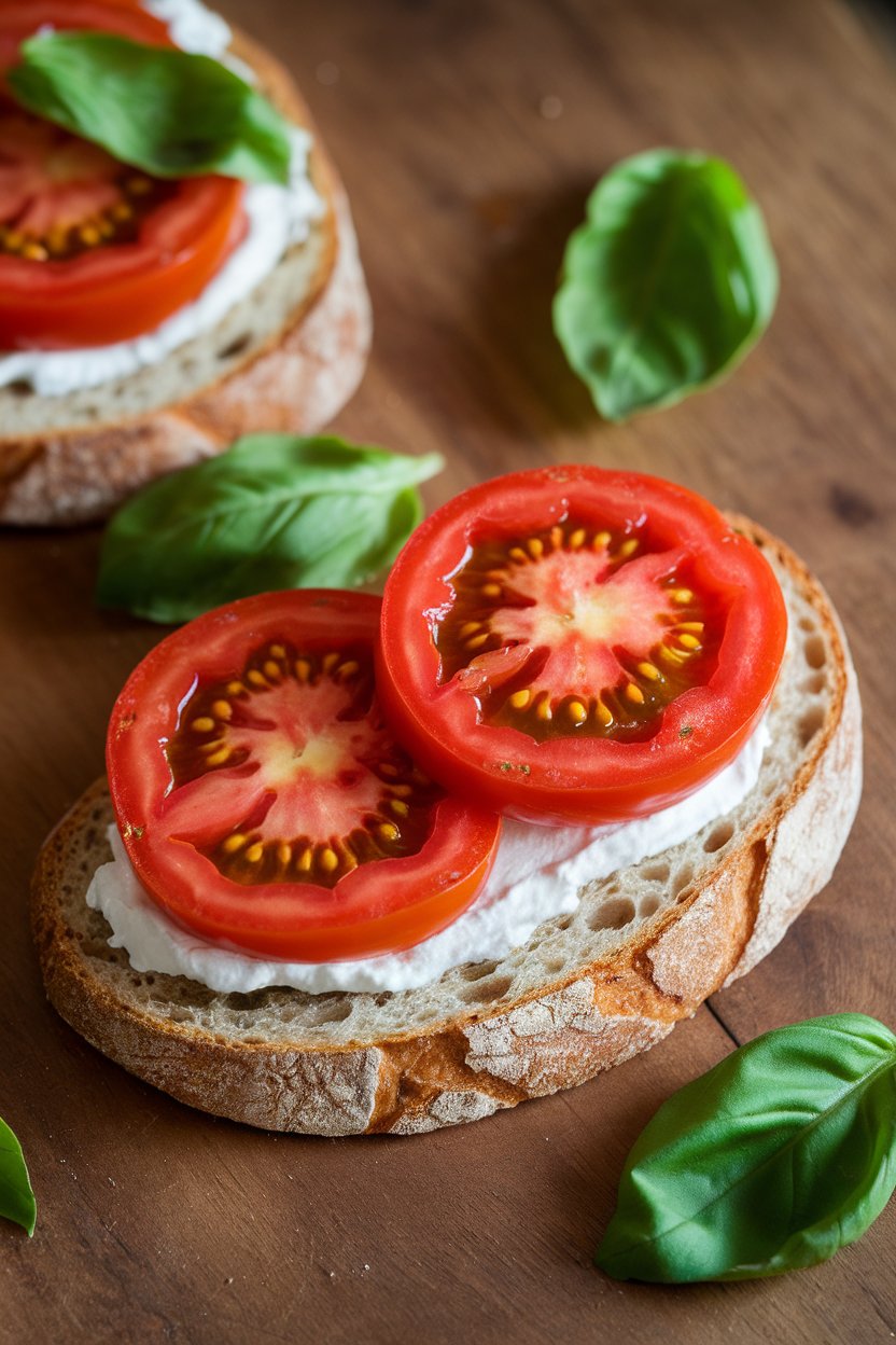 Indoor scene of a slice of rustic bread smeared with ricotta and layered with colorful heirloom tomato slices, basil leaves scattered around. No logos or text.