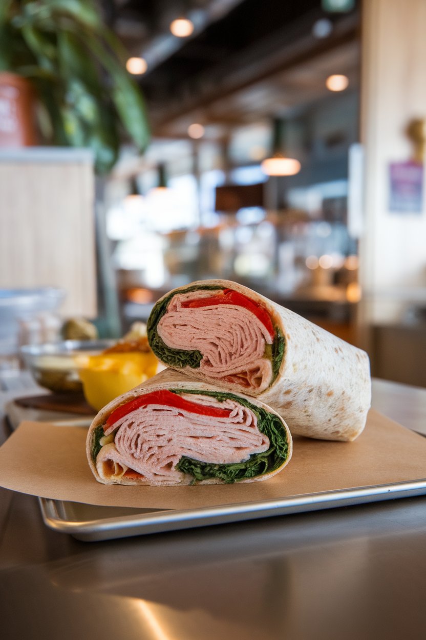 An indoor lunch counter showing a whole-wheat wrap cut in half, filled with sliced turkey, hummus, spinach, and tomato; soft side lighting, no text or logos; photo