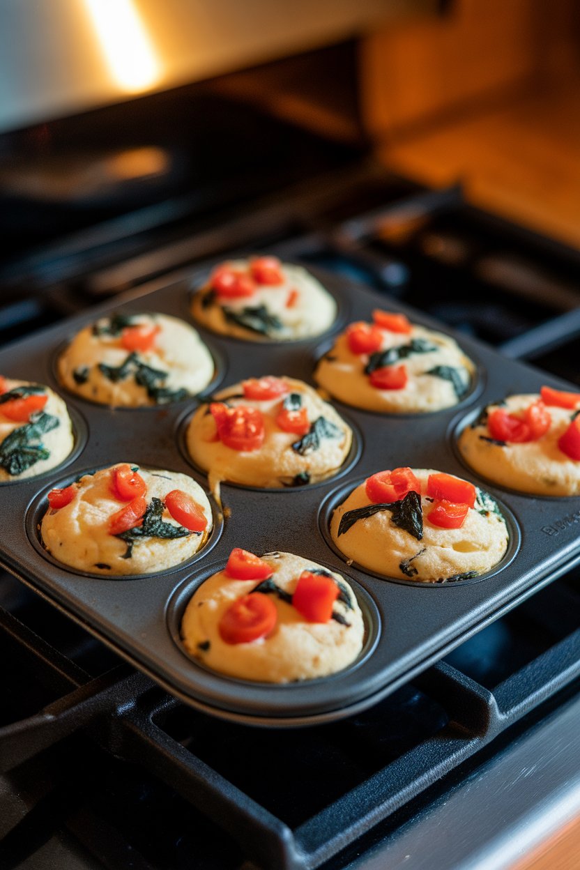 Photo of a muffin tin on an indoor stove top, filled with cooked egg white muffins studded with diced bell pepper, spinach, and tomato. Warm lighting, no logos.