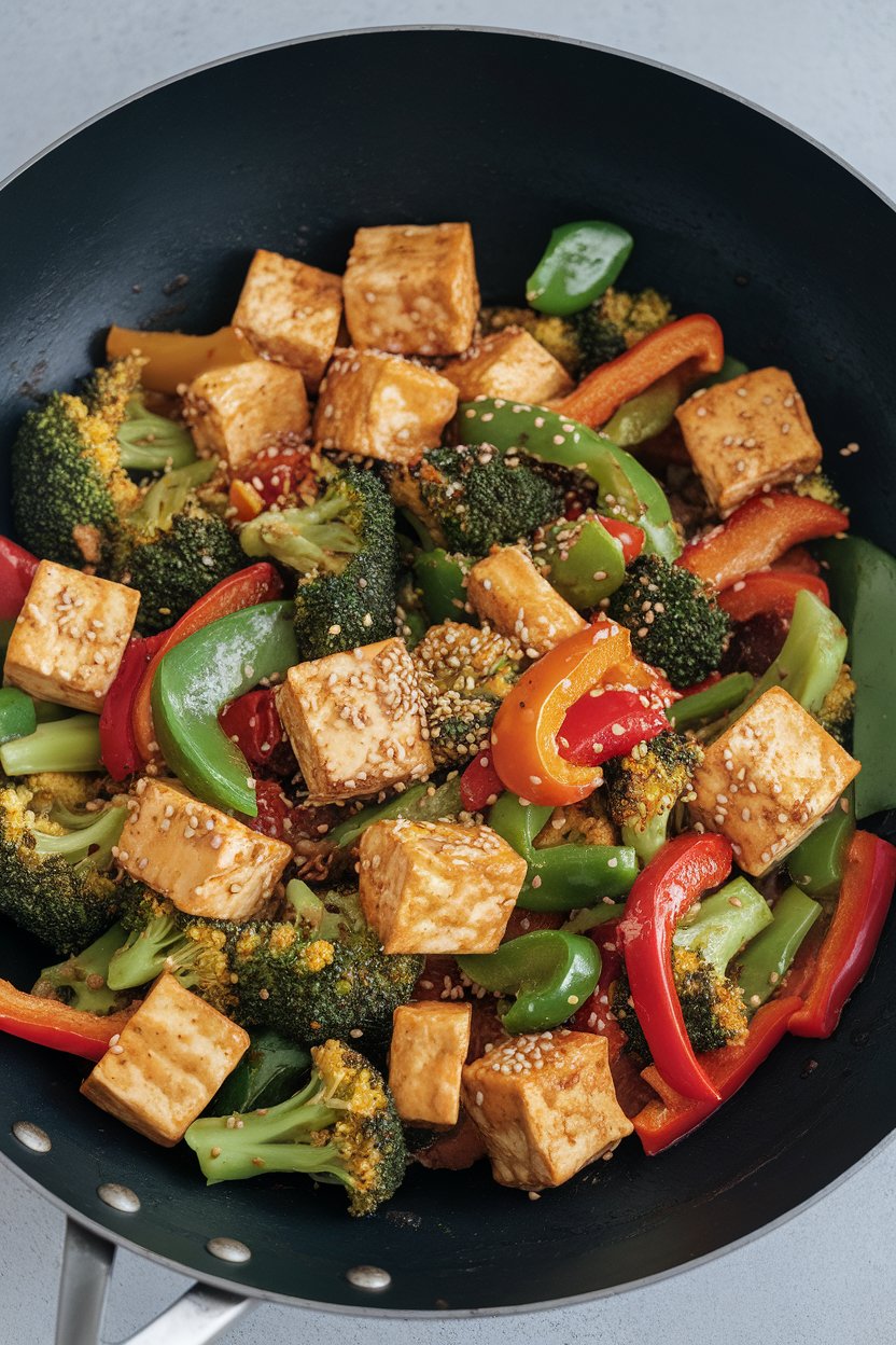 Photo, indoors, wok of golden tofu cubes tossed with broccoli and bell peppers, sesame seeds sprinkled over. No text or logos.
