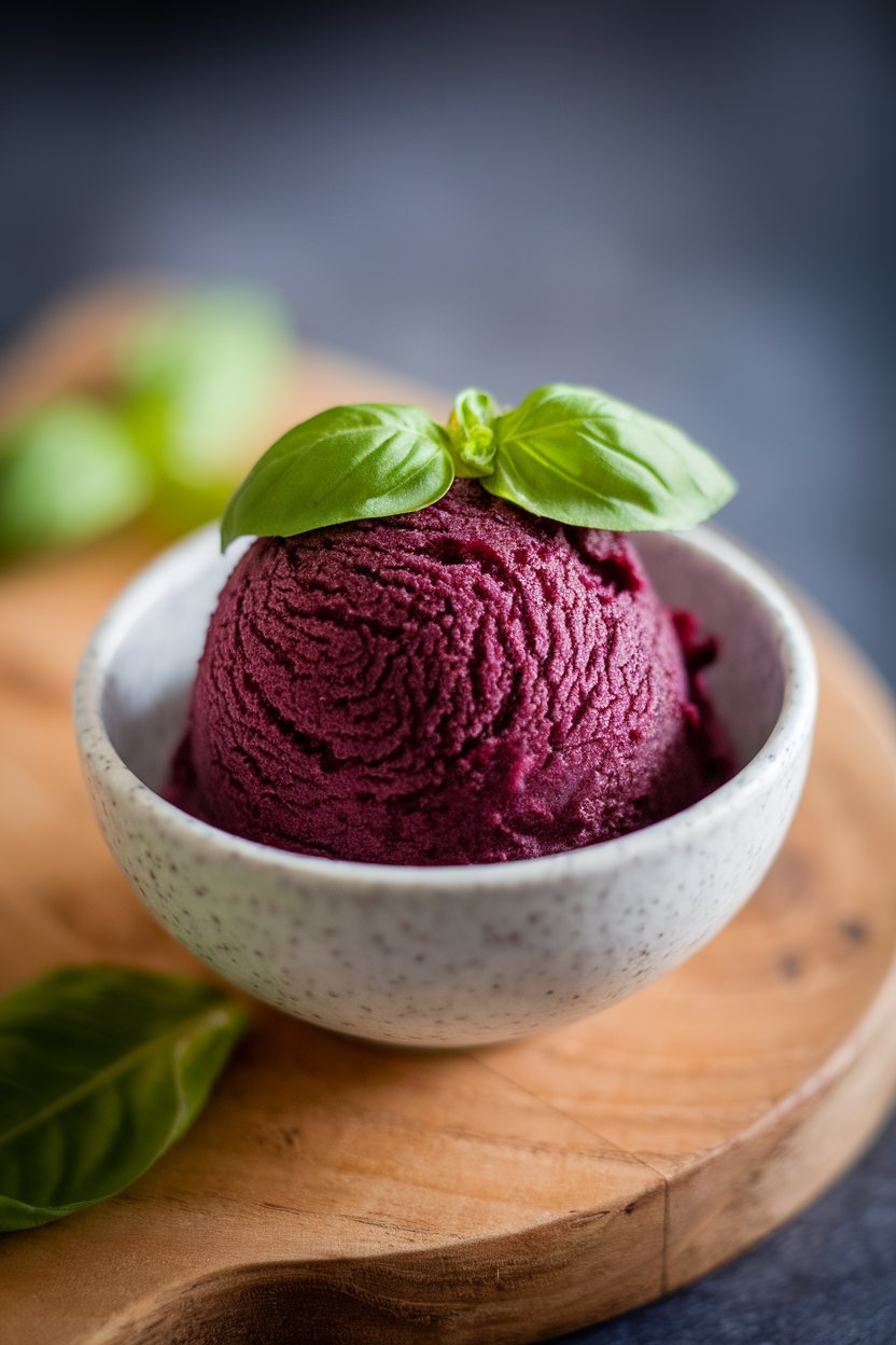 Indoor photo of a small bowl of deep-purple blackberry sorbet with a tiny basil leaf garnish. No text or logos.