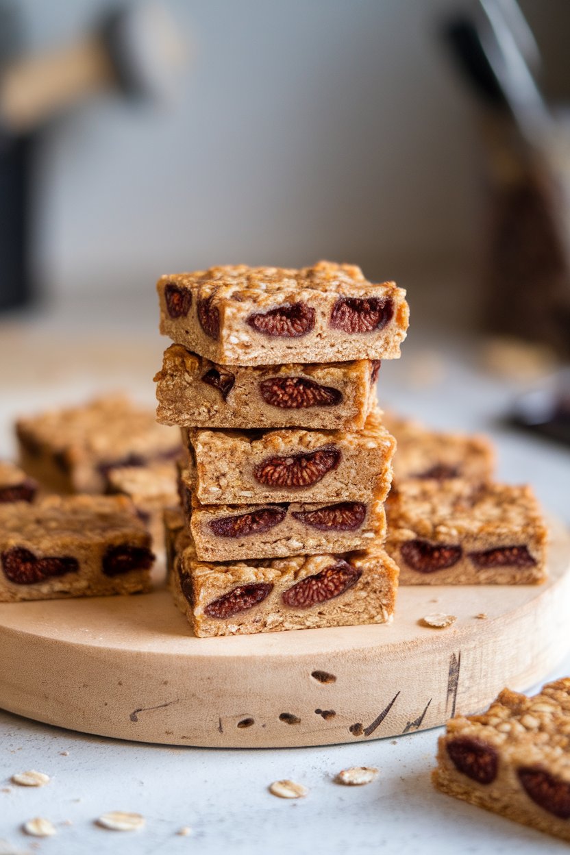 Square oat bars with fig filling, stacked neatly on an indoor wooden board. No text or logos.