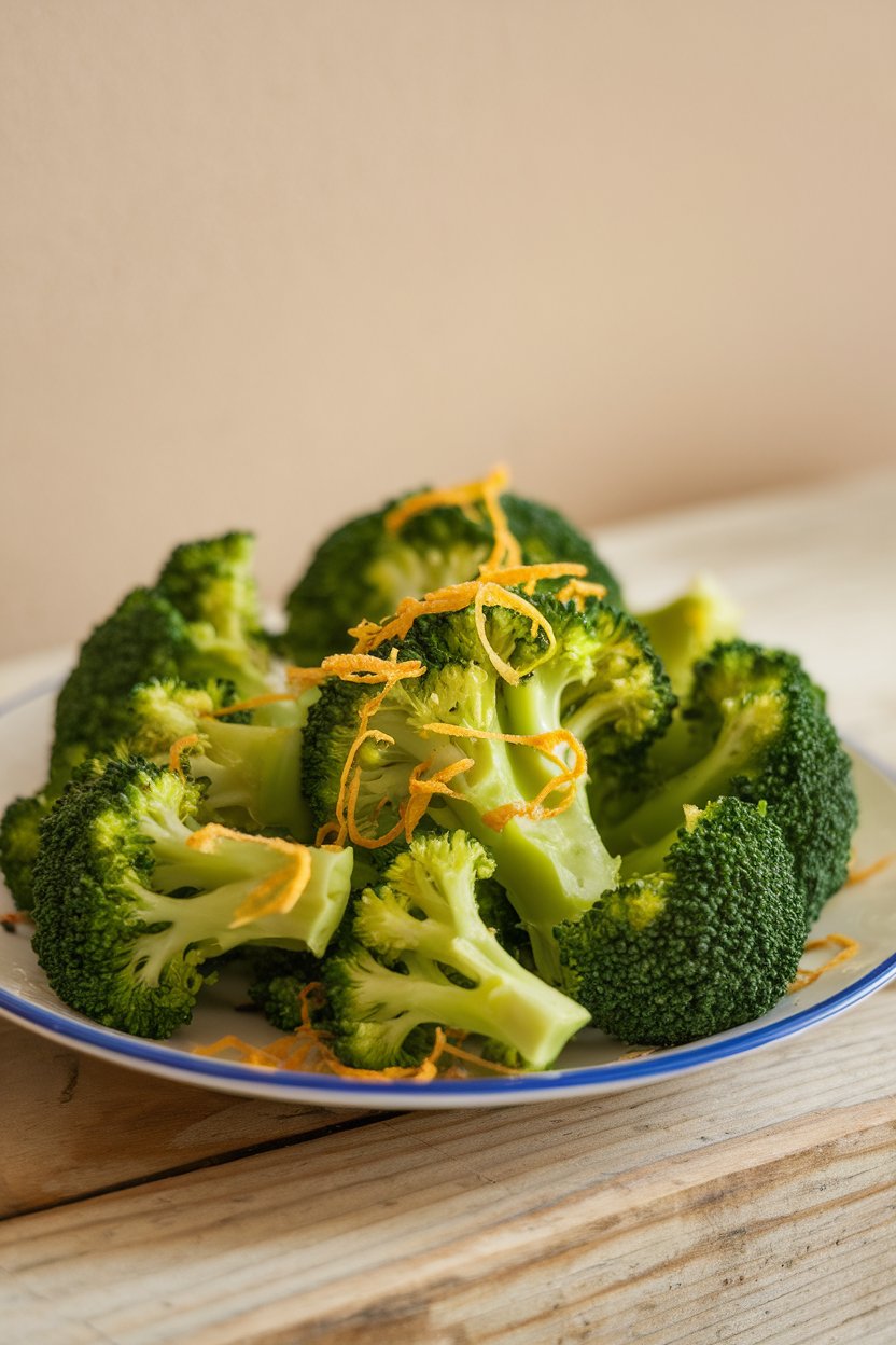 An indoor plate of bright green steamed broccoli florets sprinkled with lemon zest. No text or logos. Photo, not illustration.