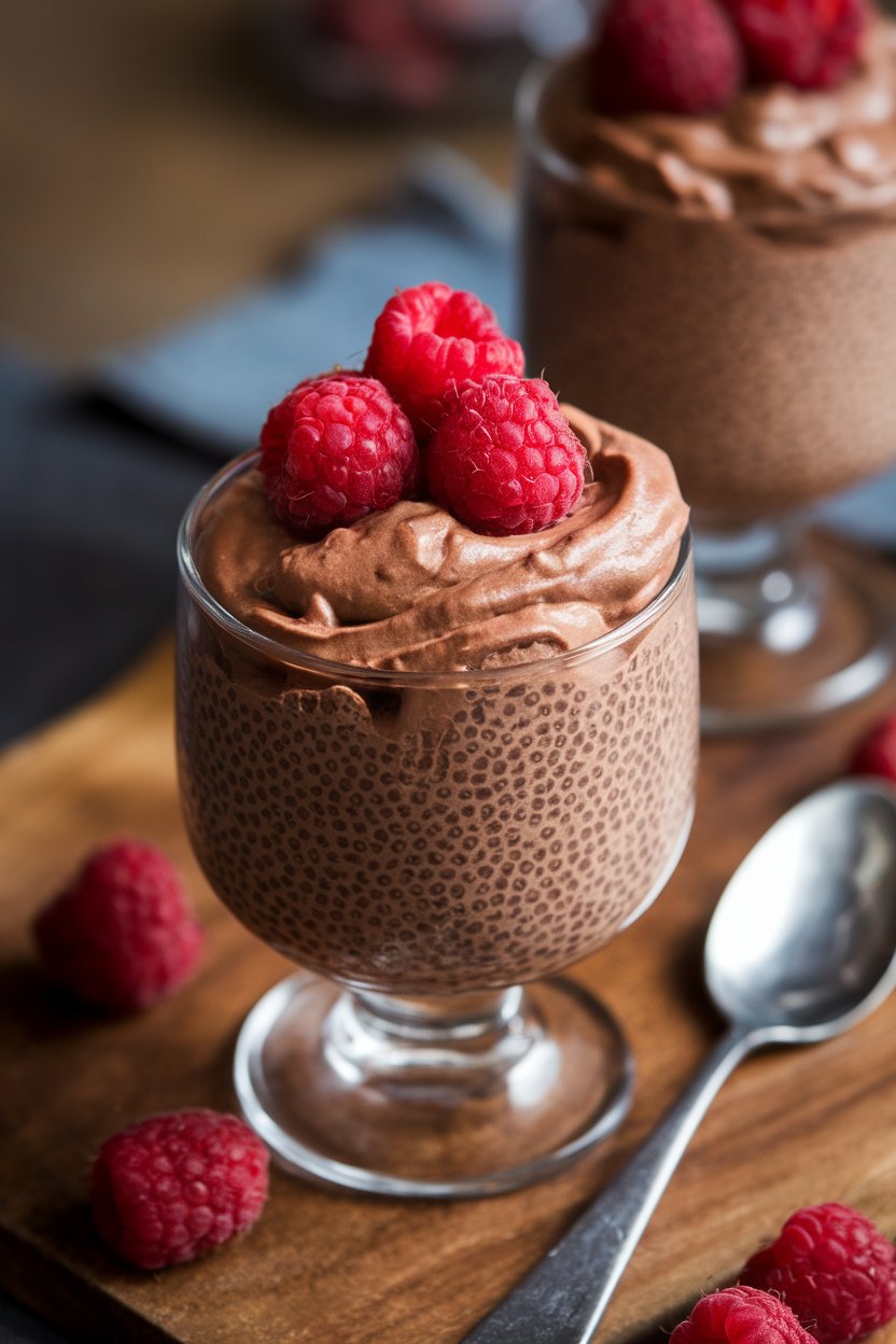 Indoor dessert cup filled with rich chocolate chia mousse topped with a few fresh raspberries, spoon beside the cup. No text or logos.