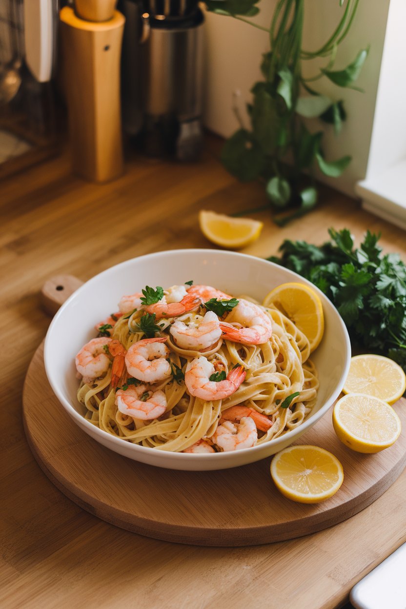 Photo of a warmly lit indoor kitchen counter displaying a white bowl of linguine tossed with cooked shrimp, lemon slices, parsley, and a light garlic sauce; slight overhead angle, no text or logos