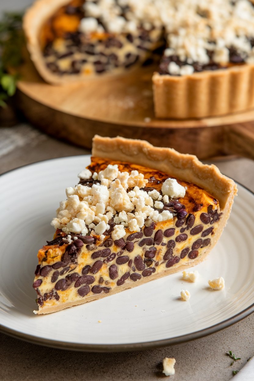 Indoor photo of a slice of black bean quiche with crumbled cotija on top, no text or logos.