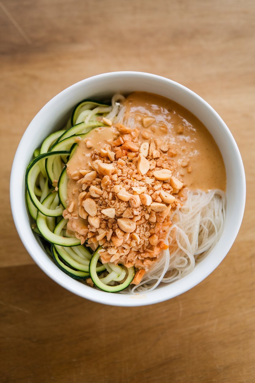 Indoor image showing a bowl half filled with zucchini noodles and half with thin rice noodles, coated in light peanut sauce and topped with crushed peanuts. No text or logos.