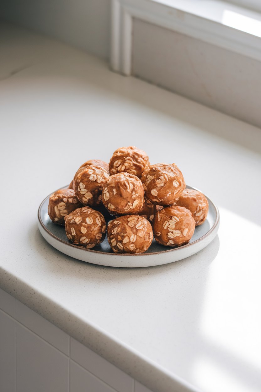 Indoor photo of a small plate of round peanut butter banana oat energy bites; bright countertop, no text or logos
