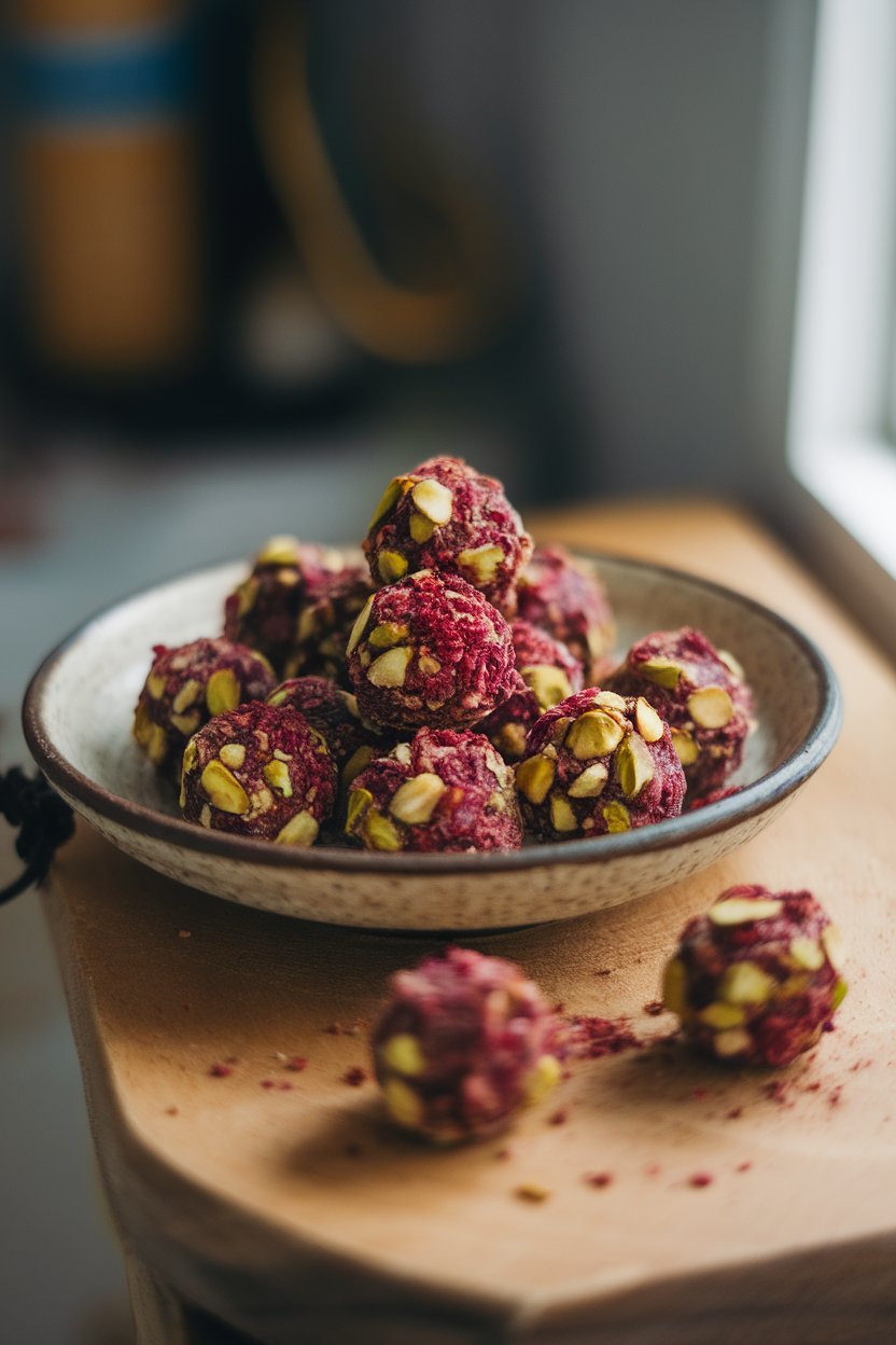 Photo of an indoor ceramic plate holding round pistachio-studded energy bites rolled in dried pomegranate powder, soft window light, no text or logos.