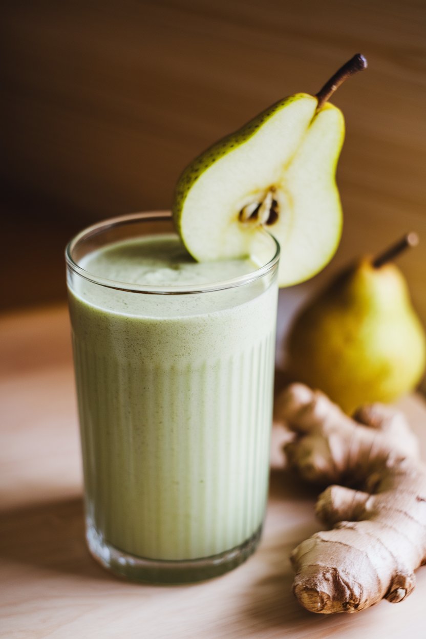 Indoor photo of a tall glass filled with a light green smoothie, a slice of pear on the rim and fresh ginger root nearby. No logos or text.