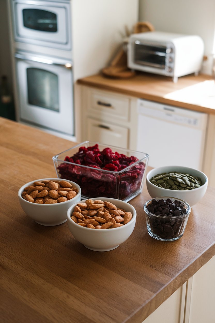 An indoor kitchen island with bowls of almonds, dried cranberries, dark chocolate chips, and pumpkin seeds ready to be mixed. No text or logos on bowls.