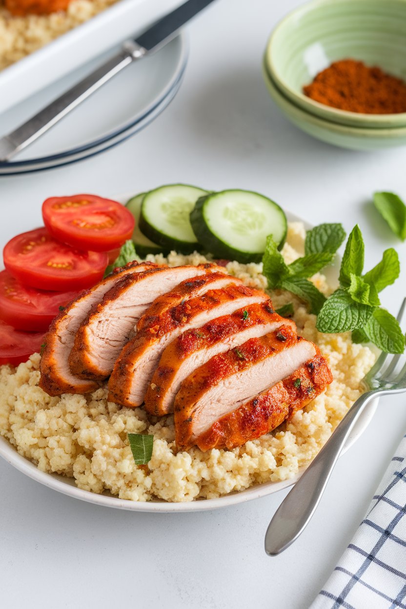 Indoor lunch setting with sliced harissa-spiced chicken breast over fluffy couscous, tomatoes, cucumbers, and mint. Photo, no text or logos visible.