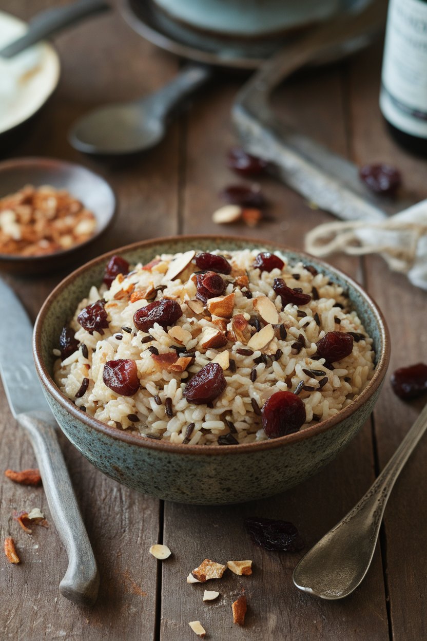 Indoor tabletop view of a rustic bowl of wild rice pilaf dotted with dried cherries and chopped almonds. No text or logos.