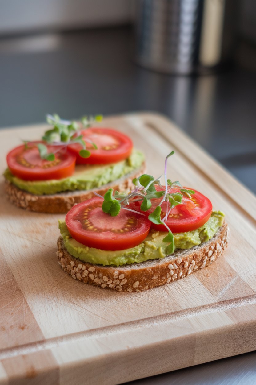 Indoor photo of two slices of sprouted grain bread topped with smashed avocado, heirloom tomato slices, and microgreens, on a simple cutting board. No text or logos.