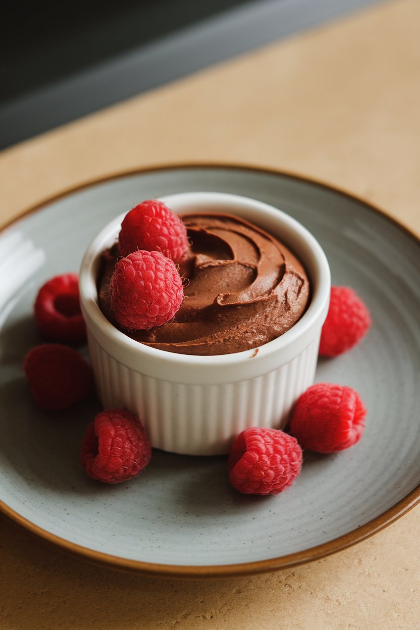 Photo of a small ramekin of silky chocolate mousse garnished with raspberries, shot indoors on a dessert plate. No branding or text present.