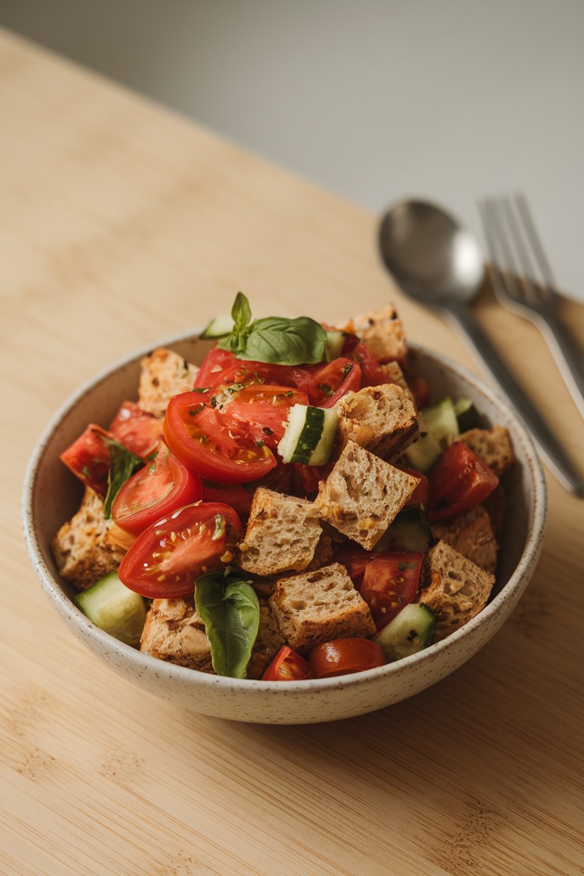 Photo of cubed whole-grain bread mixed with heirloom tomato chunks, basil, and cucumbers in a bowl indoors, no text or logos.