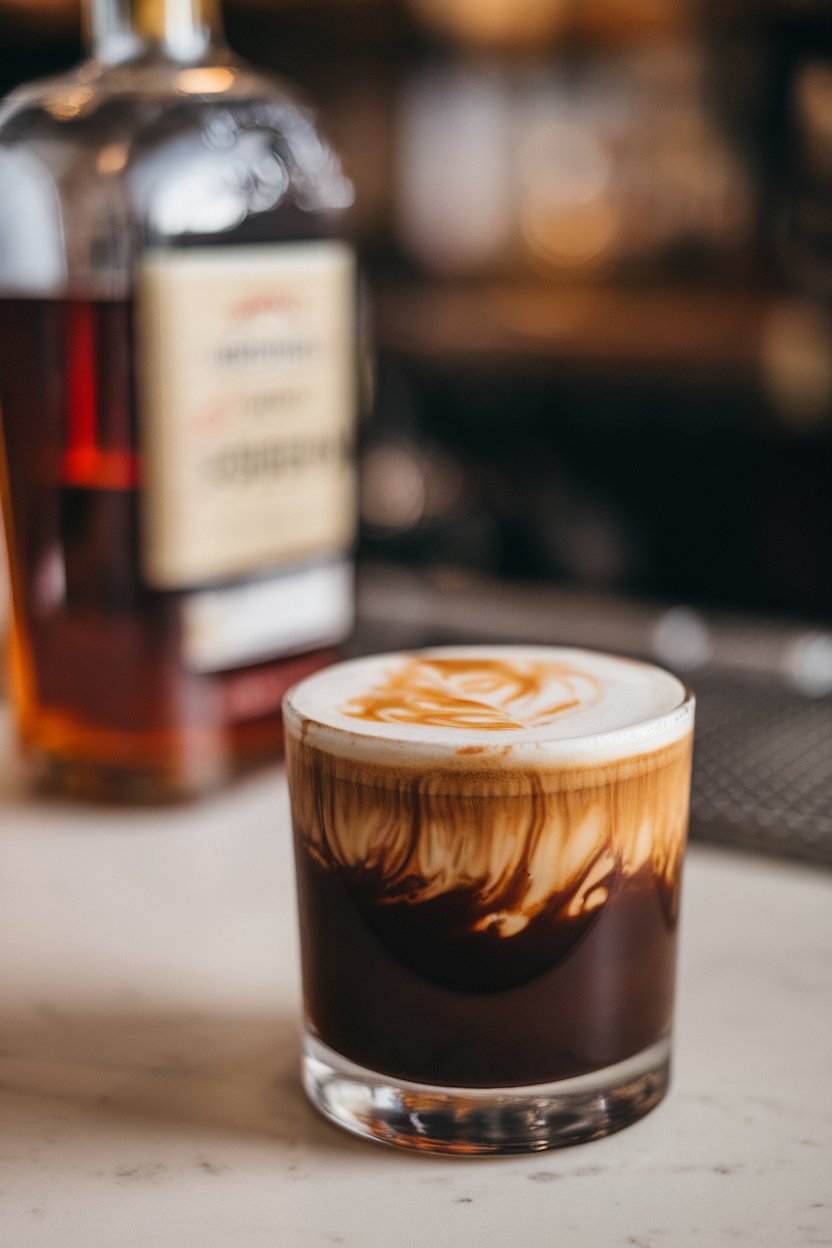 Indoor bar scene featuring a rocks glass of dark coffee with a thin brown butter foam layer and a small side of bourbon bottle blurred, label hidden. No visible text or logos. Photo only.