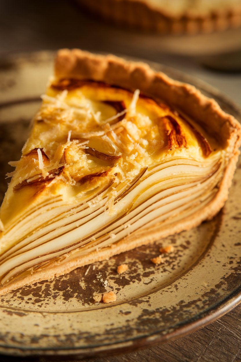 Photo of a leek-gruyère quiche slice on rustic plate, layers of leeks visible, indoor lighting—no text or logos.