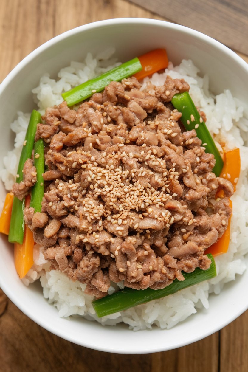 Indoor bowl of lean ground pork stir-fried with vegetables over jasmine rice, sprinkled with sesame seeds. No text or logos.