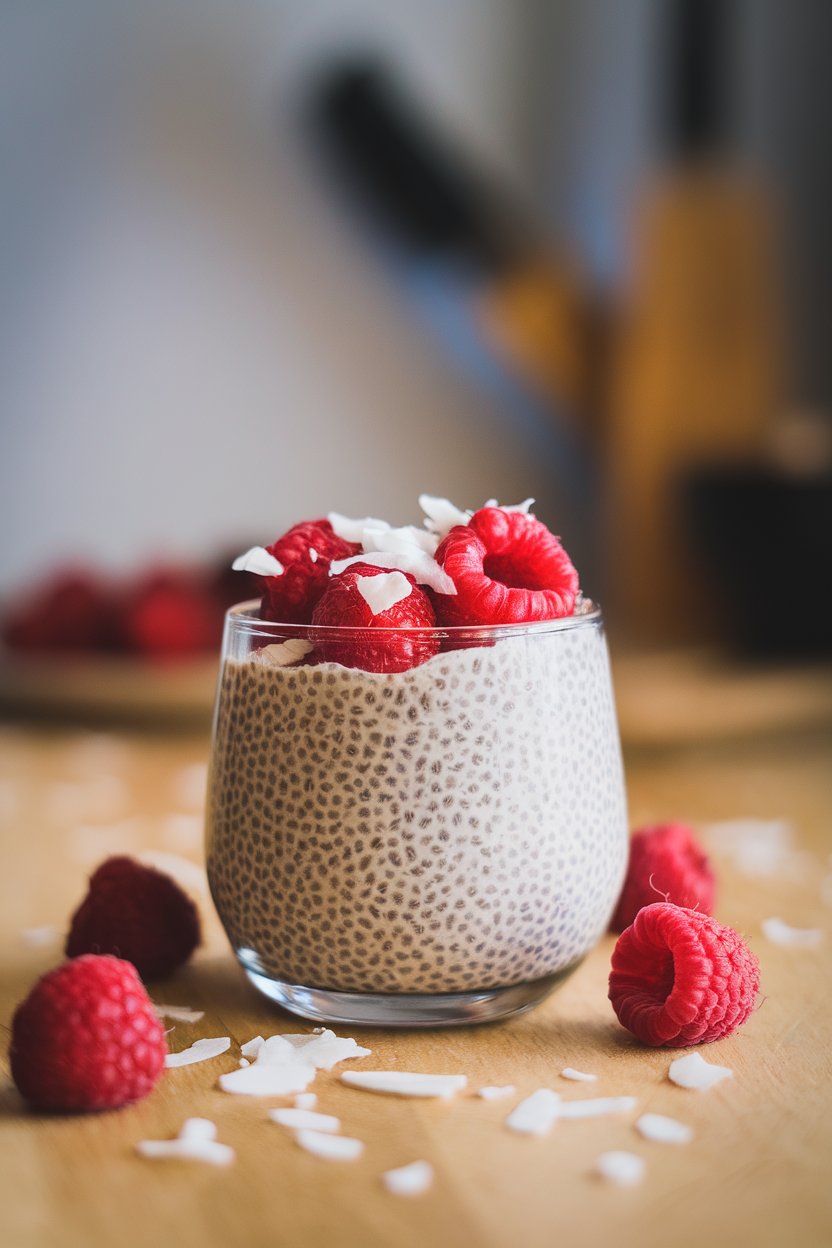 A small indoor dessert glass filled with chia pudding, topped with raspberries and coconut flakes; soft light, no logos.