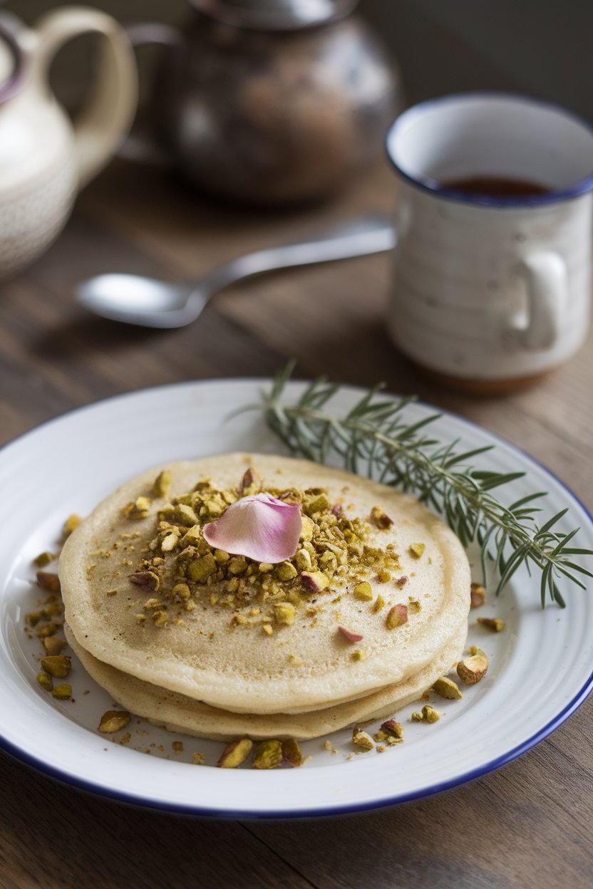 Indoor tabletop with pale pancakes sprinkled with crushed pistachios and a subtle rose-petal garnish; no text or logos.