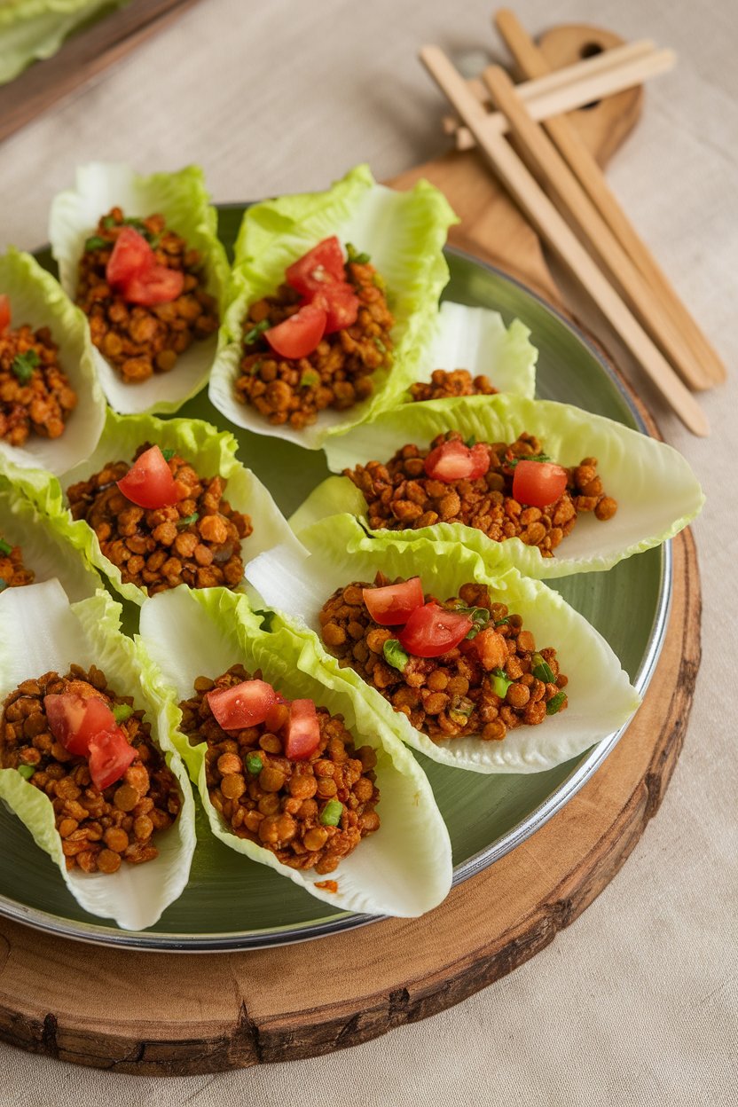 Indoor platter of lettuce leaves filled with spicy lentil mixture and diced tomatoes—no text or logos.