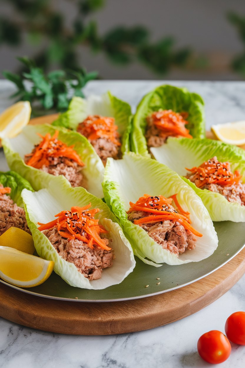 Photo of a platter indoors showing iceberg lettuce leaves filled with ground turkey, shredded carrots, and sesame seeds. No text or logos.