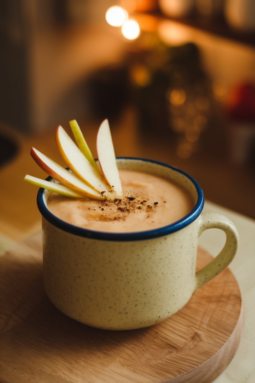 Indoor photo of pale creamy soup served in a mug, thin apple matchsticks and cracked pepper on top, cozy kitchen light. No text or logos.