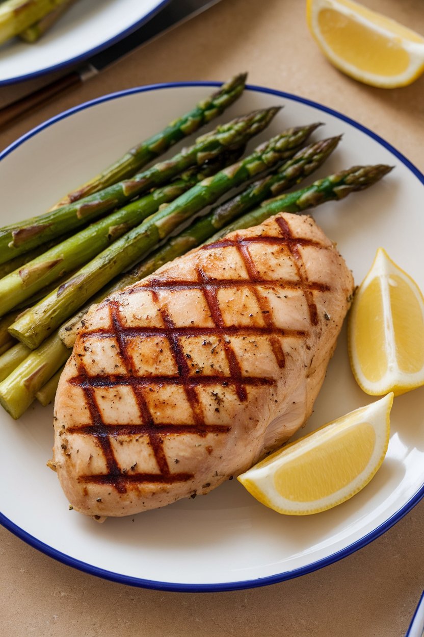 Photo of a dinner plate indoors featuring grilled chicken breast with grill marks, roasted asparagus spears, and lemon wedges. No logos or text.