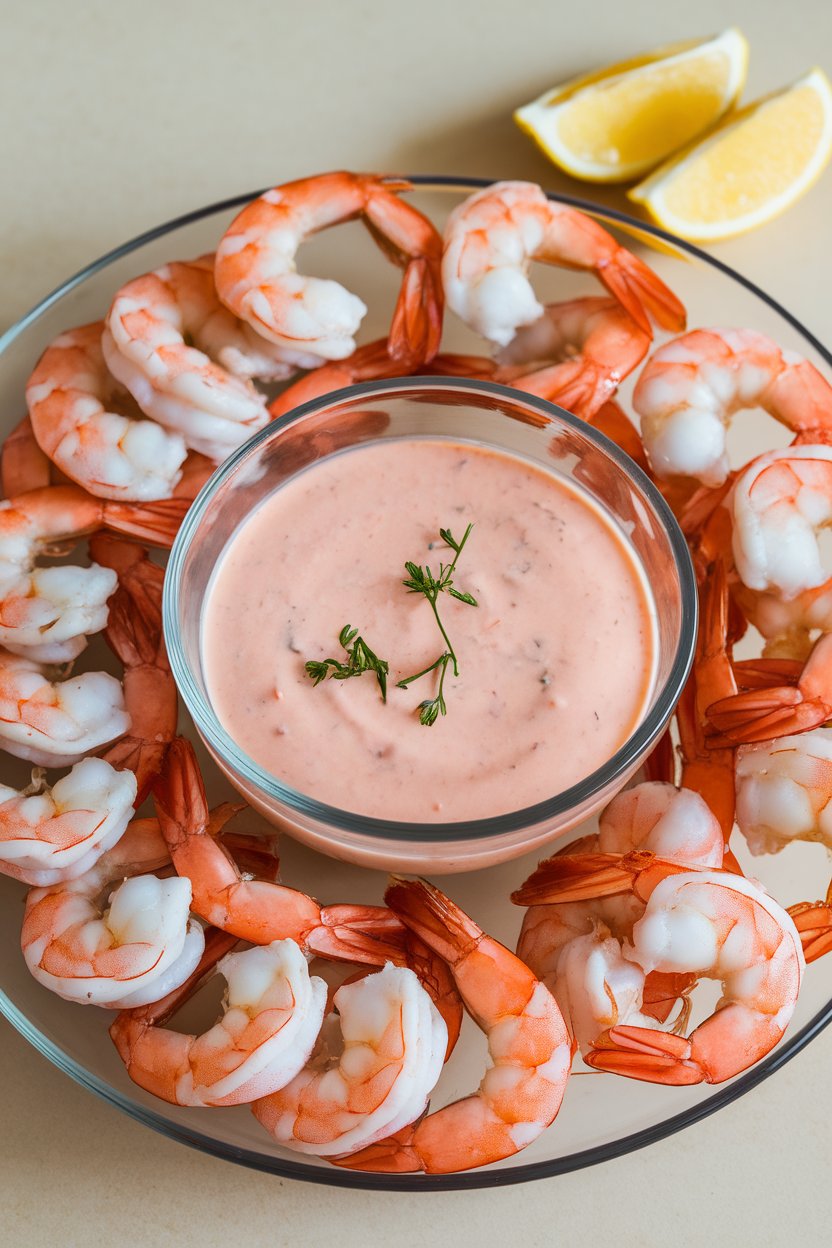 Indoor platter of cooked shrimp curled around a glass bowl of cocktail sauce, lemon wedges at the side. No text or logos. Photo only.