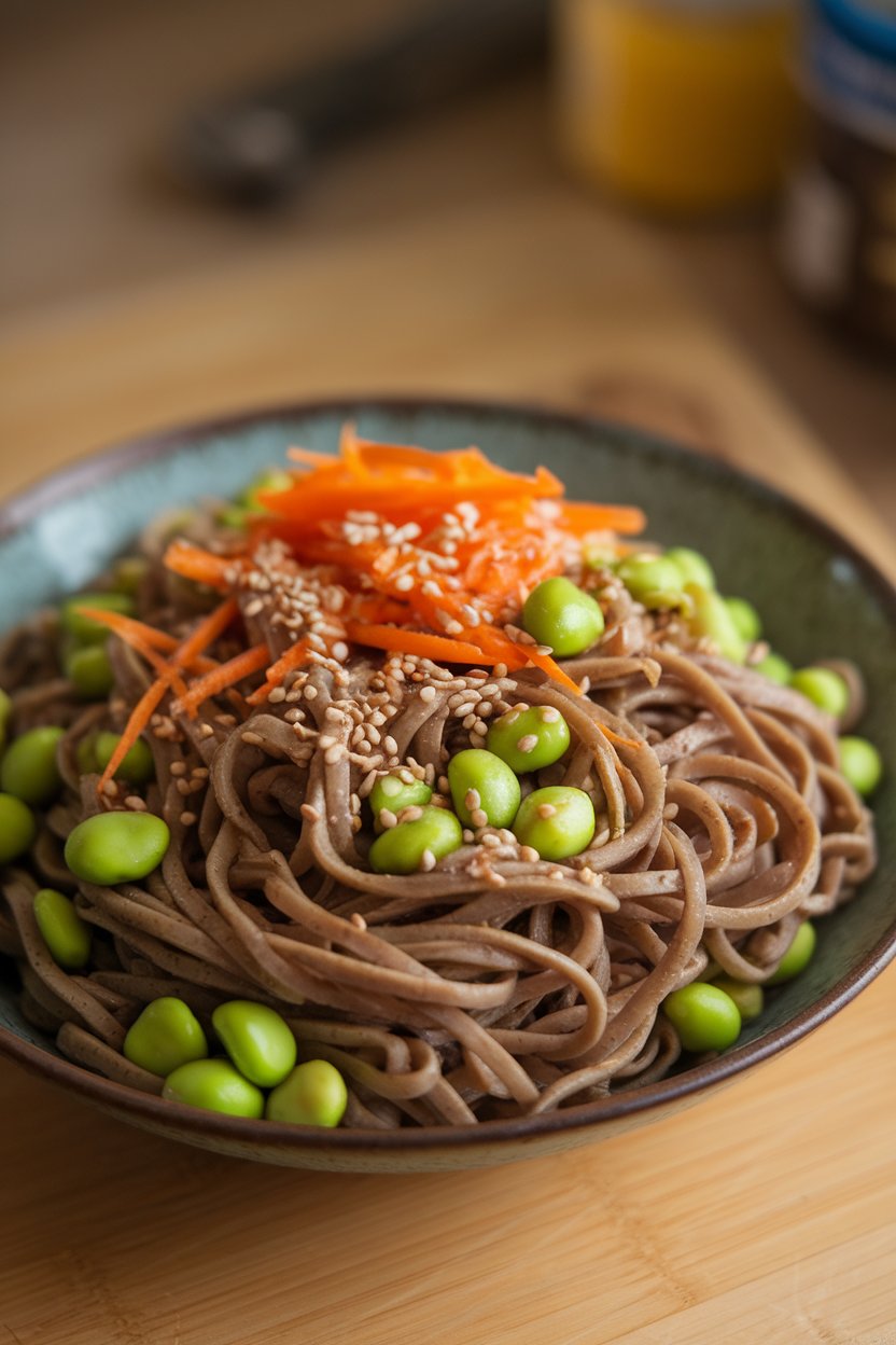 Photo of buckwheat soba noodles mixed with shelled edamame, shredded carrots, and sesame seeds, shot indoors, no text or logos.