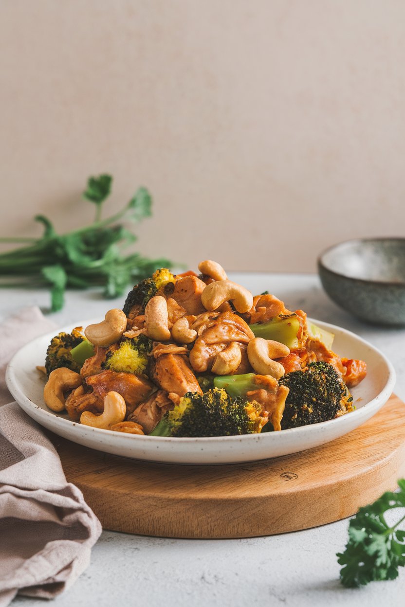 An indoor plate of colorful stir-fried chicken, cashews, and broccoli in light sauce; no brand labels.