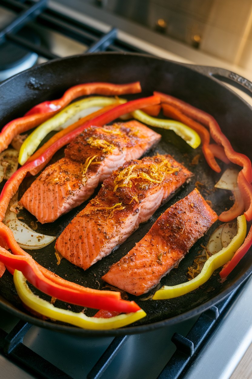 An indoor stovetop cast-iron skillet containing sizzling salmon strips, bell pepper ribbons, and onions, all tinted with cumin and lime zest. No text or brand names visible.