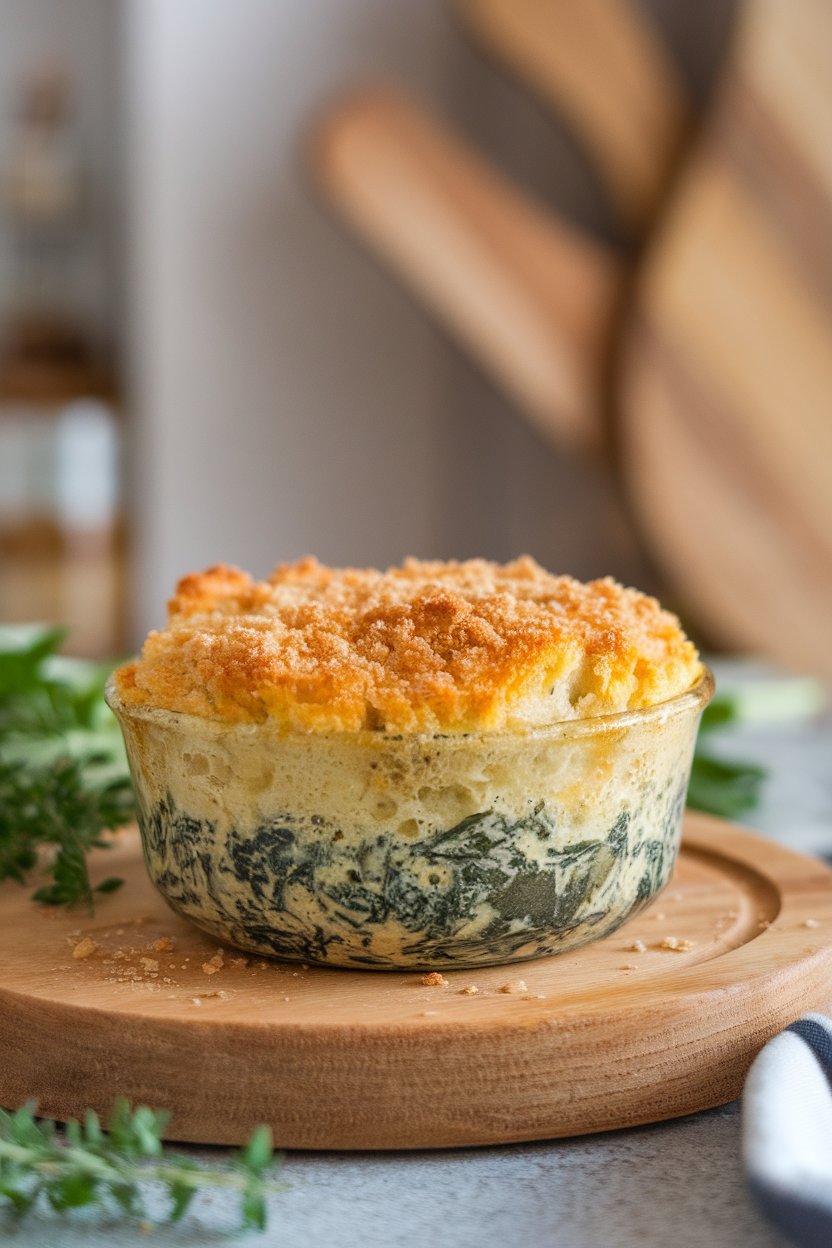 A small gratin dish indoors bubbling with creamed spinach under a golden breadcrumb topping—no logos or text. Photo.